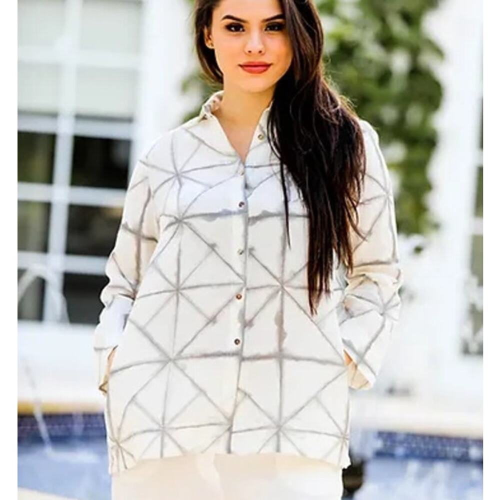 iLINEN LIFESTYLE White Gray Linen Shirt Womens XL Lagenlook